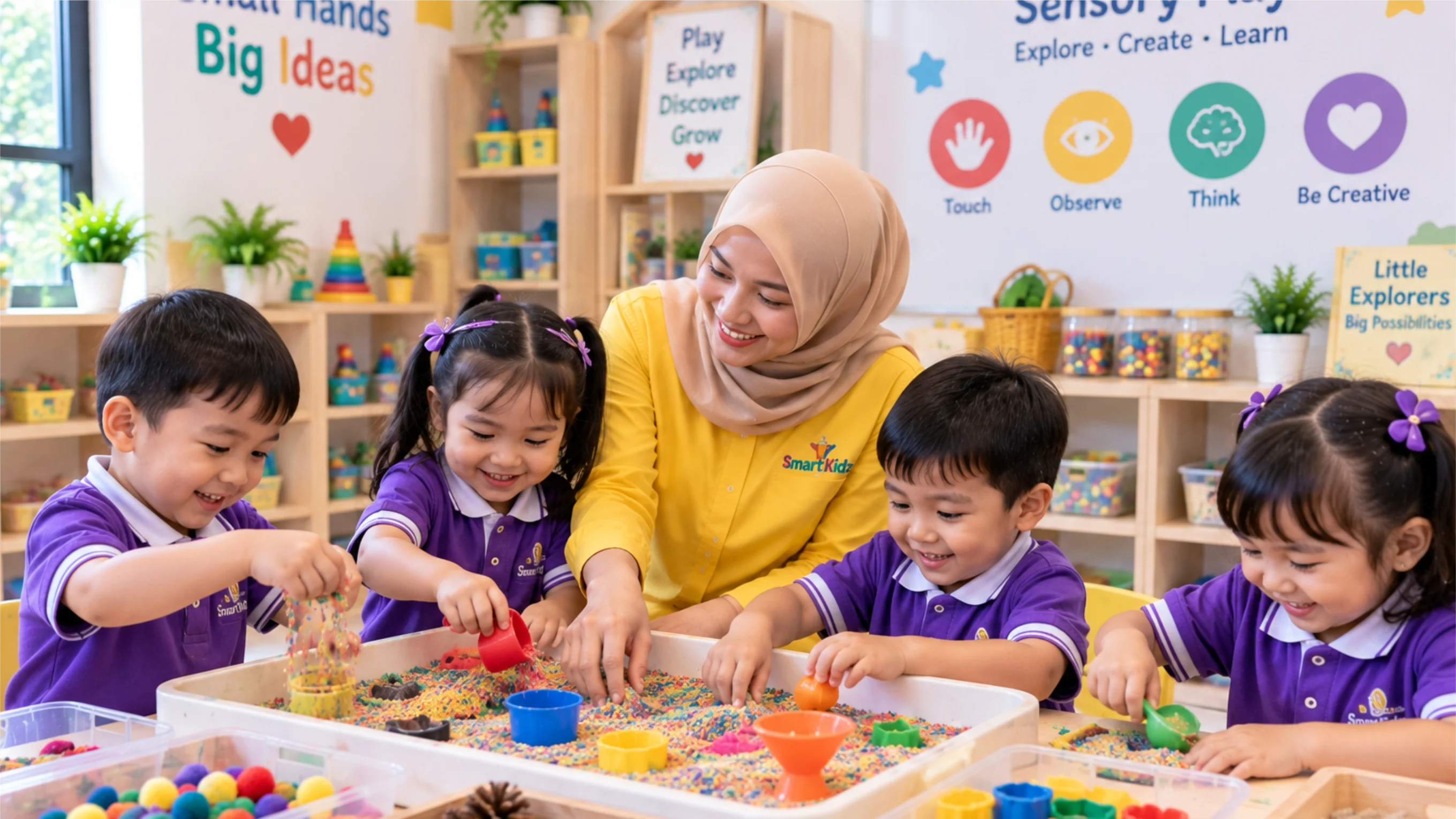 Guru Preschool Smartkidz mendampingi anak-anak bermain sensory play dengan media warna-warni untuk melatih motorik halus melalui metode Montessori